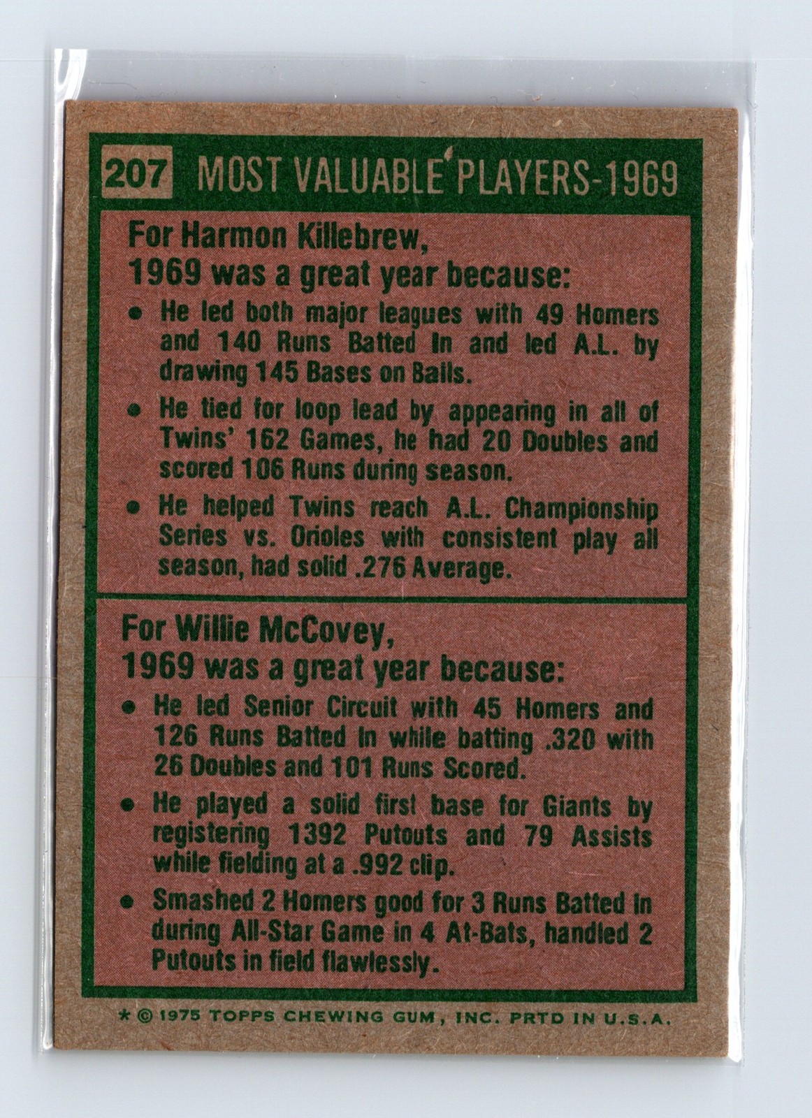 1975 Topps Baseball - SET BREAK - #207 1969 MVPs Killebrew McCovey (HOF) - Image 2