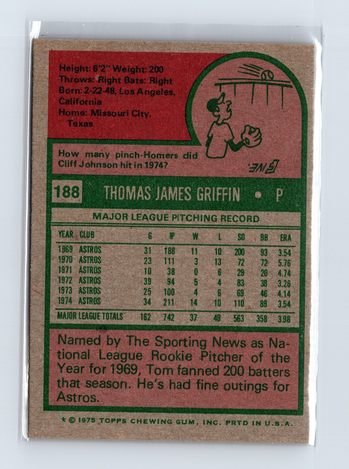 1975 Topps Baseball - SET BREAK - #188 Tom Griffin - Image 2