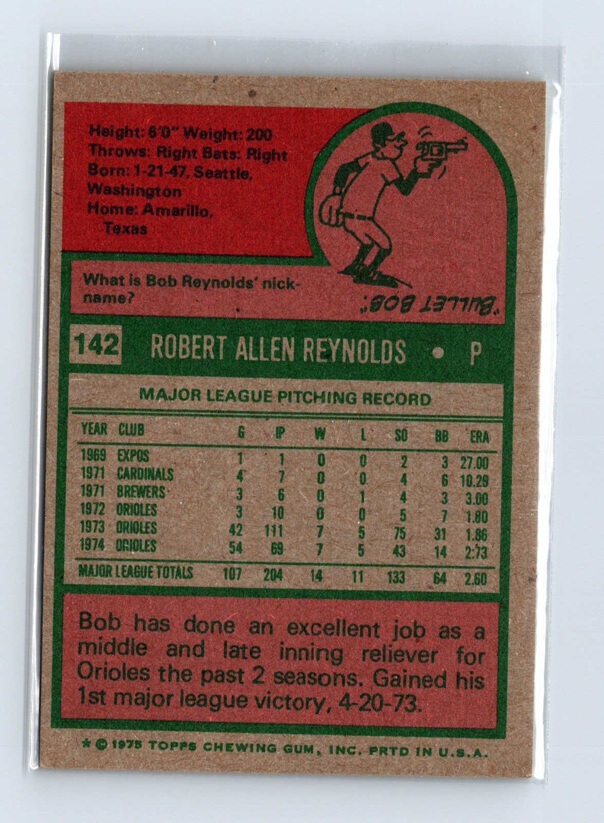 1975 Topps Baseball - SET BREAK - #142 Bob Reynolds - Image 2
