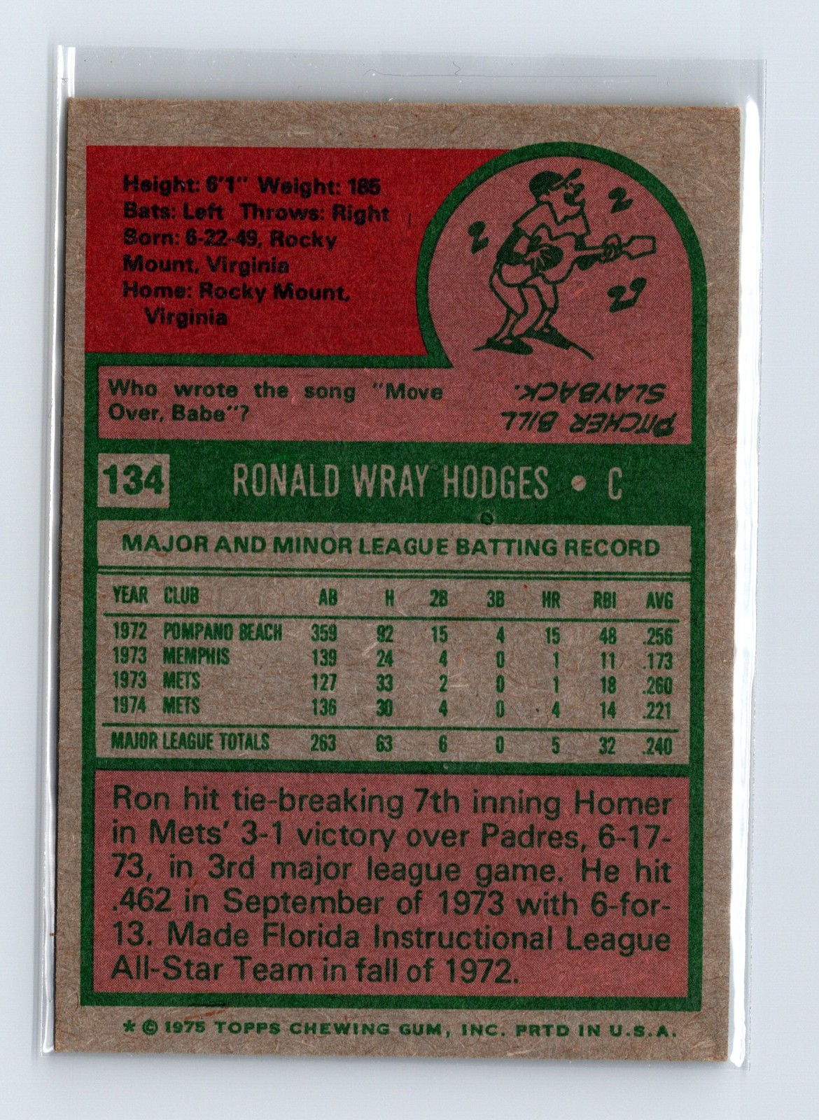 1975 Topps Baseball - SET BREAK - #134 Ron Hodges - Image 2