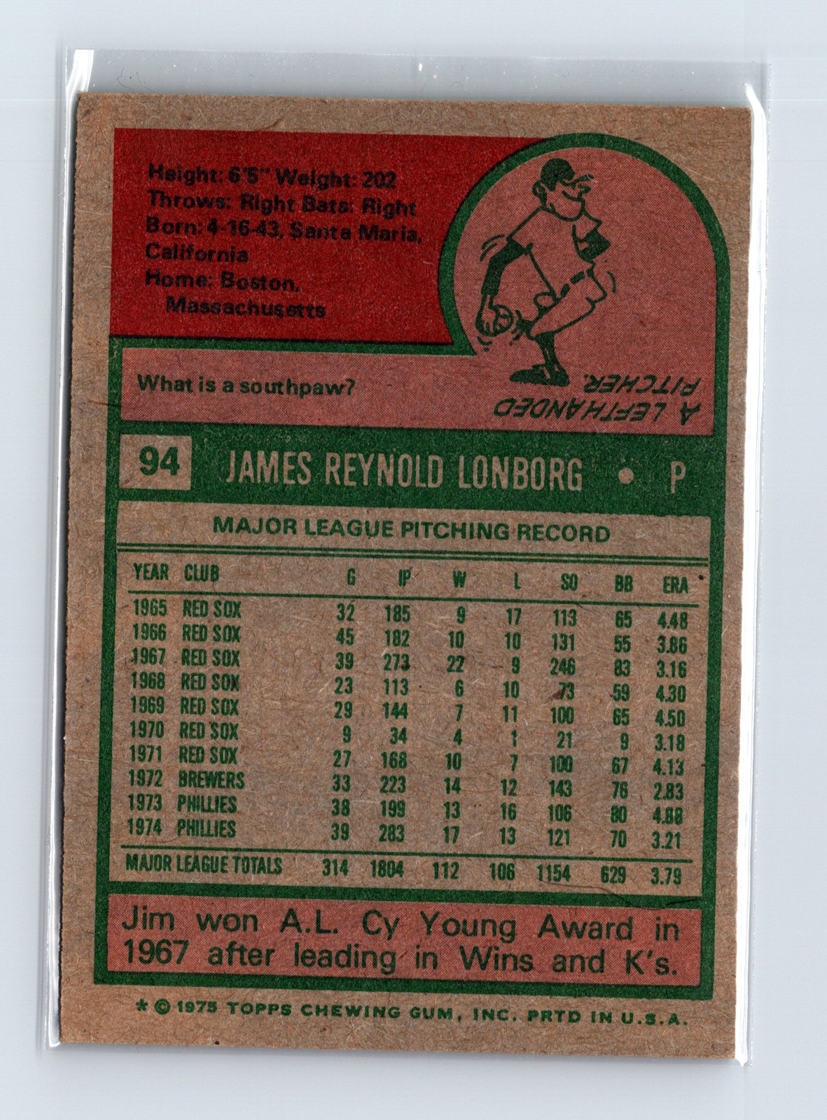 1975 Topps Baseball - SET BREAK - #94 Jim Lonborg - Image 2