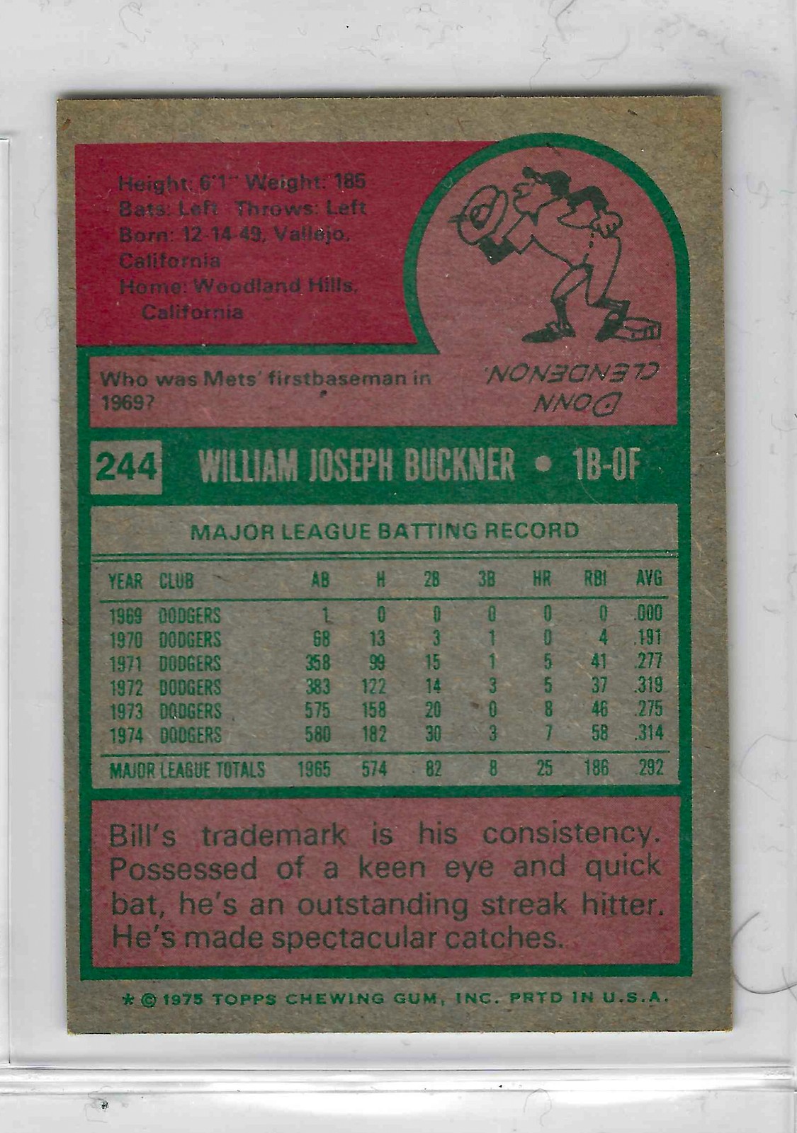 1975 Topps MINI Baseball - SET BREAK - Bill Buckner #244 - Image 2