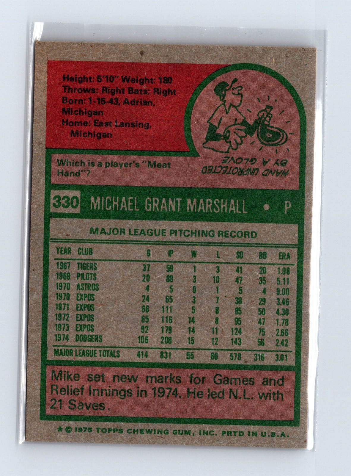 1975 Topps Baseball - SET BREAK - #330 Mike Marshall - Image 2