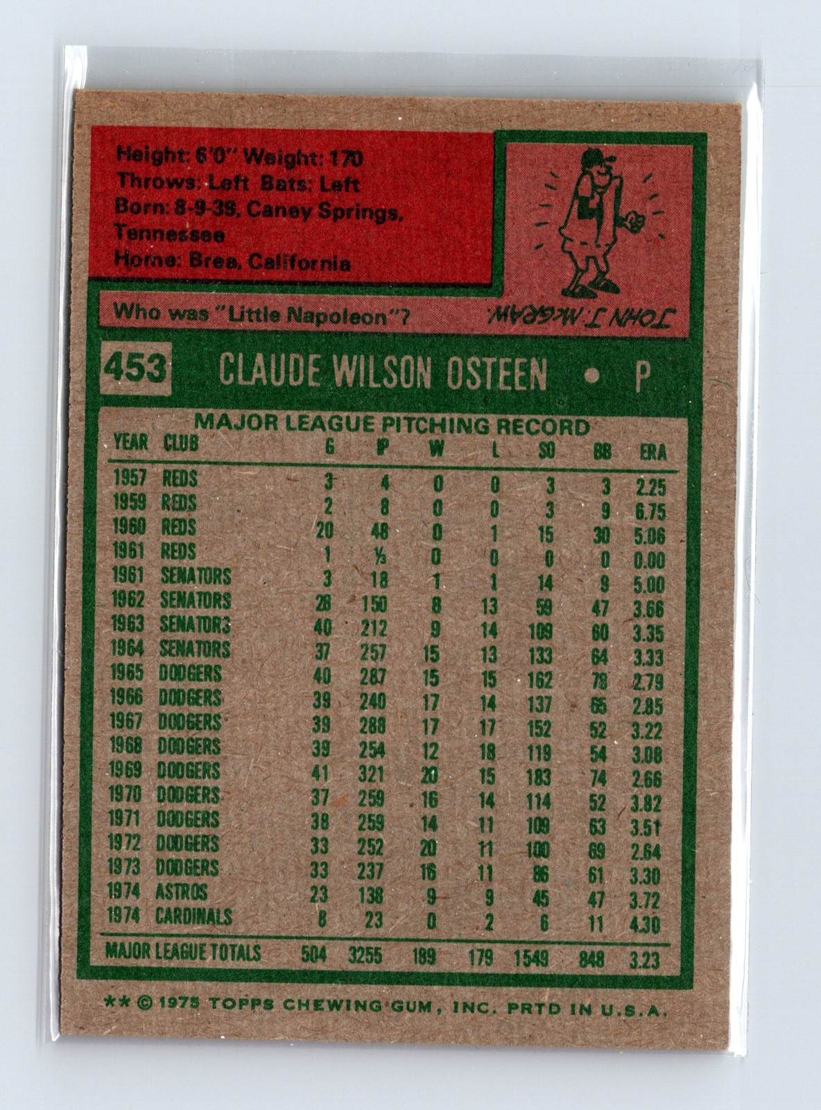 1975 Topps Baseball - SET BREAK - #453 Claude Osteen - Image 2