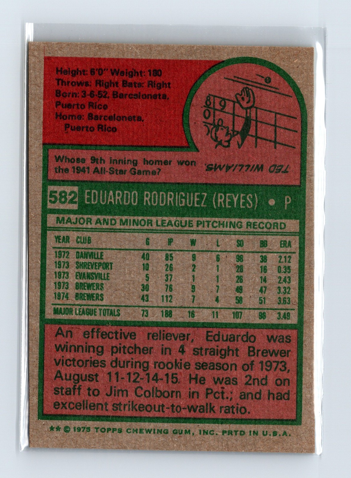 1975 Topps Baseball - SET BREAK - #582 Eduardo Rodriguez - Image 2