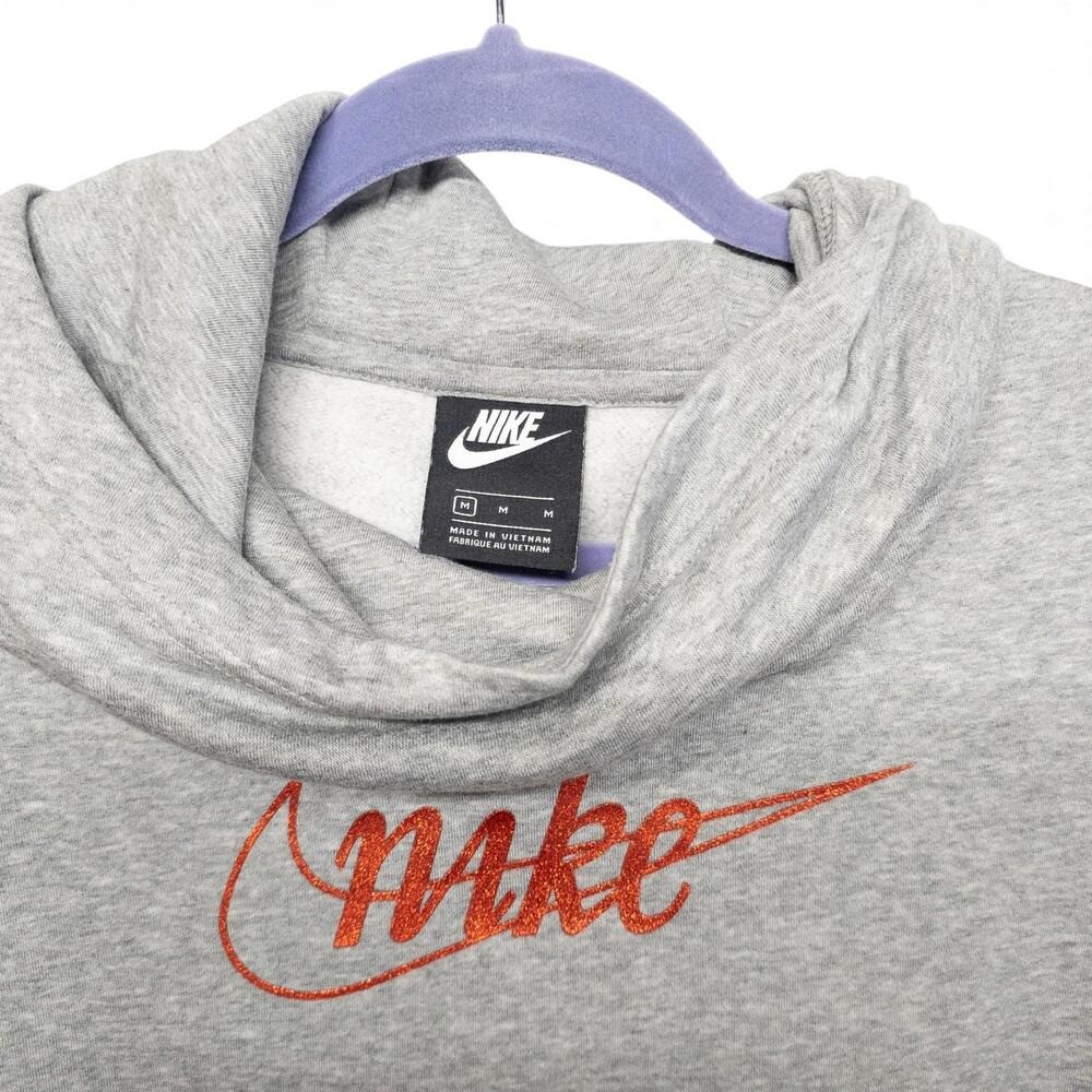 Nike Cowl Neck Hoodie Women's M Gray Fleece Pullover Orange Logo Sweatshirt Good - Image 4