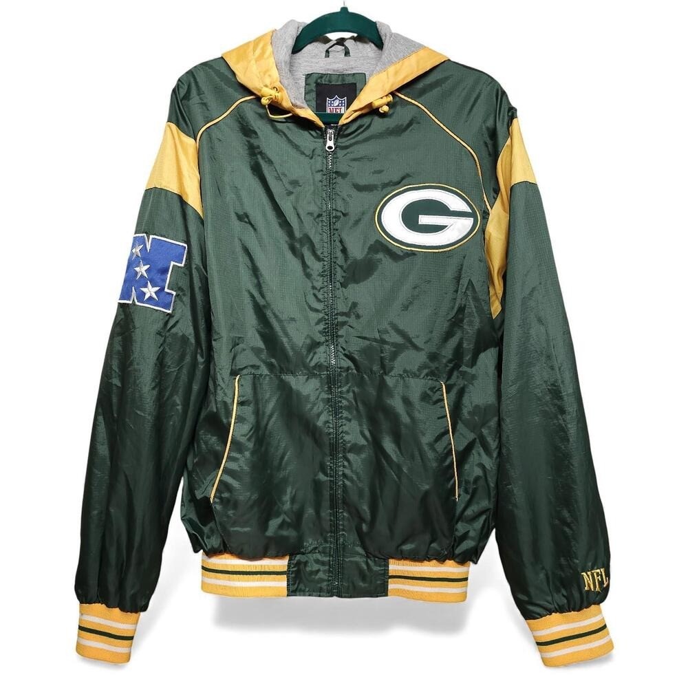 Vintage Green Bay Packers NFL Windbreaker Jacket Hooded Green Gold Men L