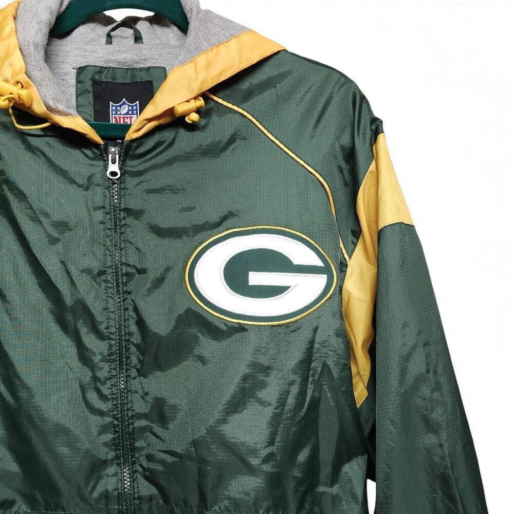 Vintage Green Bay Packers NFL Windbreaker Jacket Hooded Green Gold Men L - Image 2