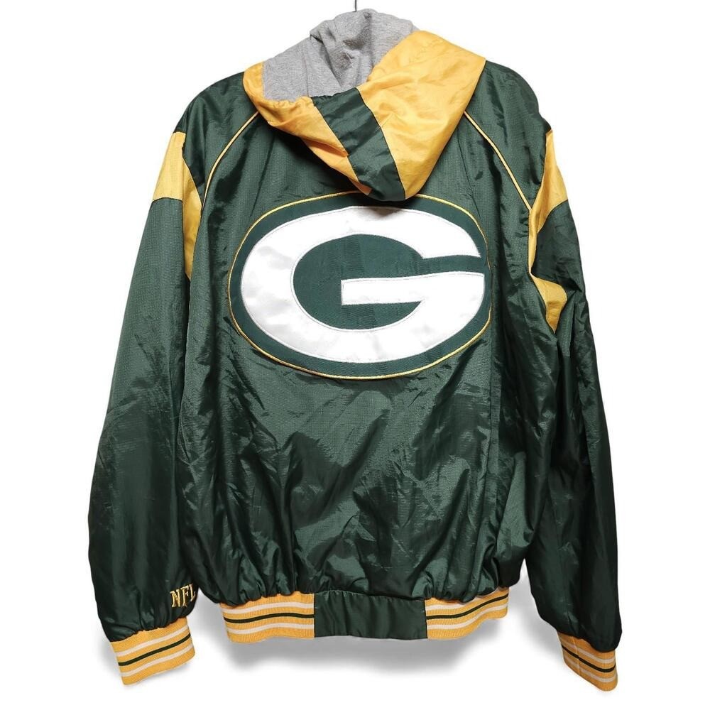 Vintage Green Bay Packers NFL Windbreaker Jacket Hooded Green Gold Men L - Image 5