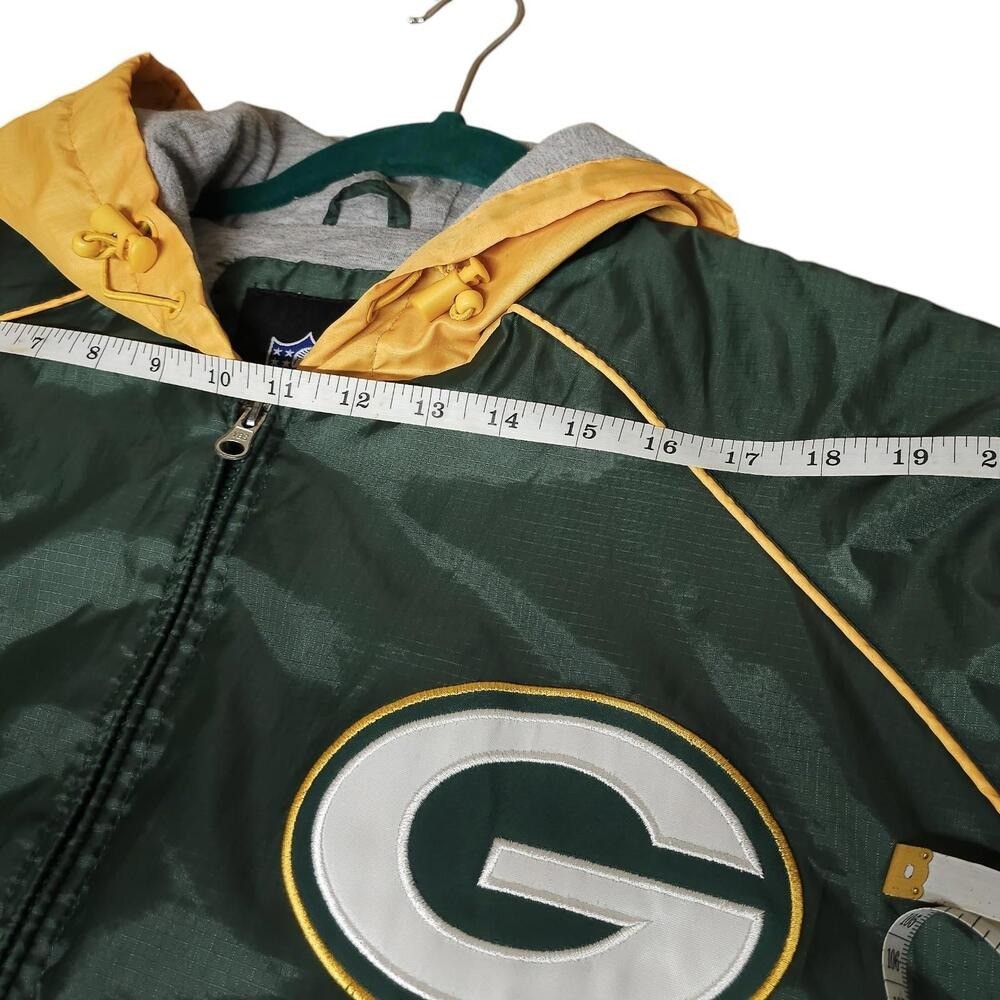 Vintage Green Bay Packers NFL Windbreaker Jacket Hooded Green Gold Men L - Image 7