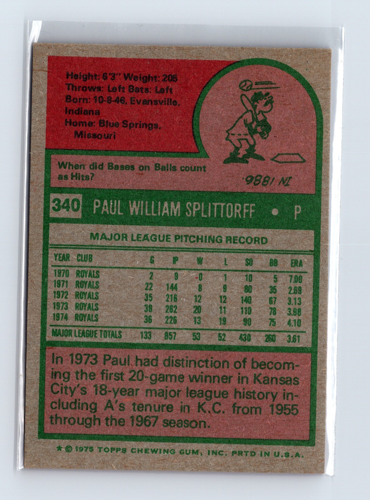 1975 Topps Baseball - SET BREAK - #340 Paul Splittorff - Image 2