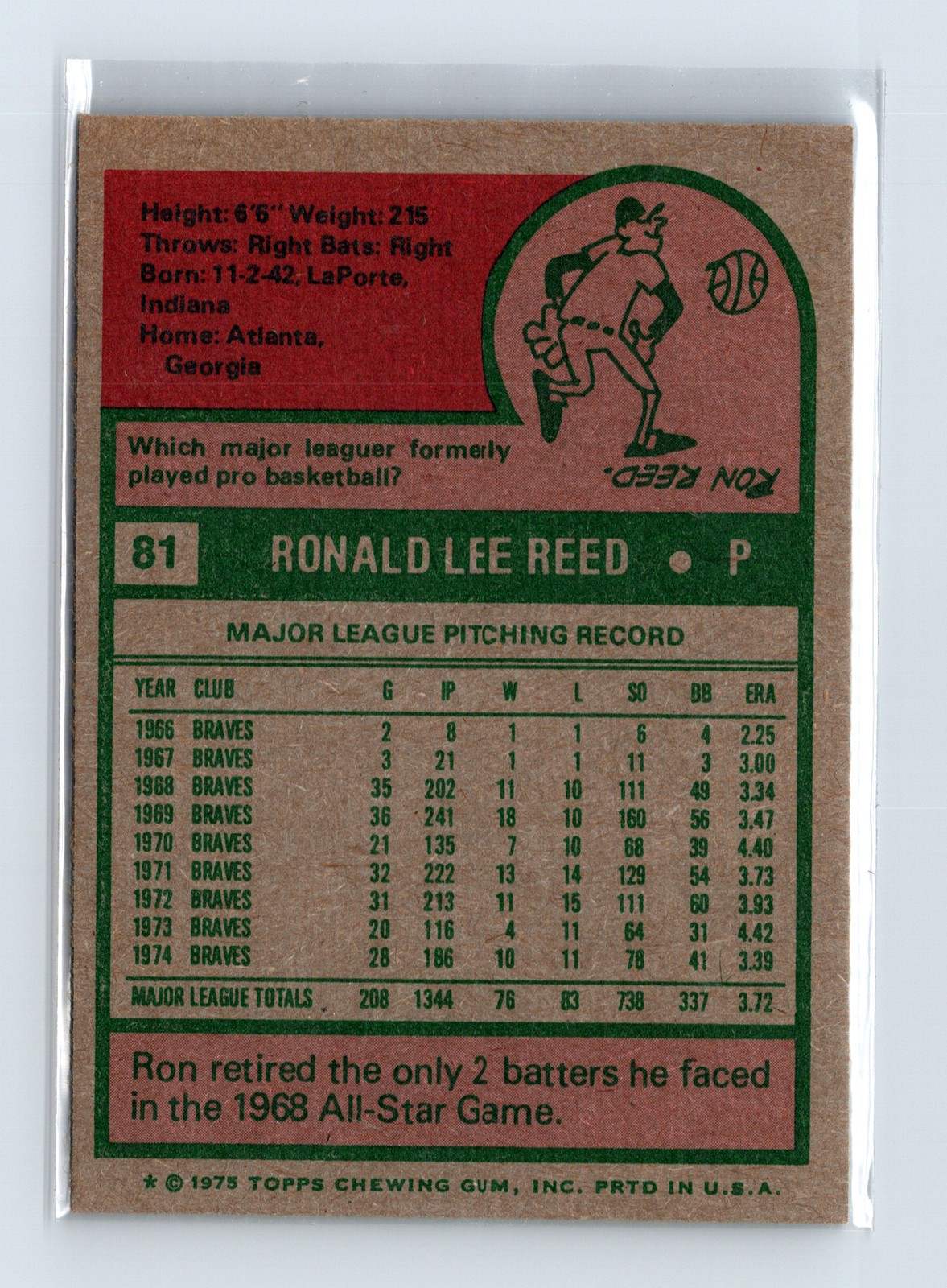 1975 Topps Baseball - SET BREAK - #81 Ron Reed - Image 2