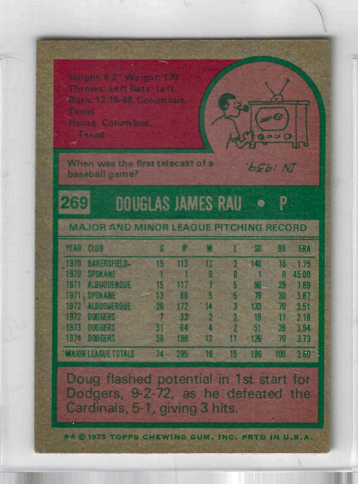 1975 Topps MINI Baseball - SET BREAK - Doug Rau #269 - Image 2