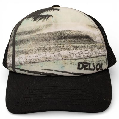 Del Sol Trucker Hat Black Mesh Snapback Beach Scene Palm Tree OSFM Good