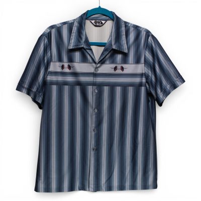 Vintage Triumph of California Bowling Shirt Mens L Blue Gray Striped Excellent
